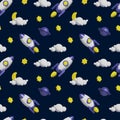 Flying saucer, rocket, stars, moon behind a cloud, planet. Realistic children's pattern for fabric, pajamas, bed