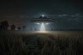 A flying saucer shines over the field at night. AI generative