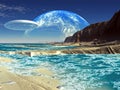 Flying Saucer Ship over Alien Sea Shore Royalty Free Stock Photo