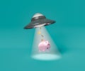 Flying saucer stealing money from piggy bank