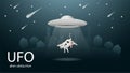 Flying saucer UFO abducting animal is the cow in the beam of light banner design in dark blue background illustration of night Royalty Free Stock Photo