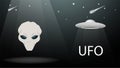 Flying saucer UFO alien head on the background of night sky with comets and stars banner design on a black background Royalty Free Stock Photo