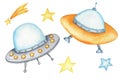 Flying saucer UFO, cartoon alien spaceship set, Unidentified flying object and stars. Watercolor isolated kids