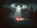 Flying saucer UFO with light beam above car on road at night, man silhouette looks to UFO