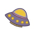 Flying saucer on a white background. Spaceship. Vector color illustration. Spaceship in doodle style