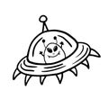 Flying saucer on a white background. Vector linear illustration. Spaceship with an alien