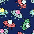 Flying saucers seamless colorful pattern. Vector image