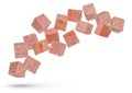 Flying sausage. Cubes of smoked sausage on a white isolated background. Salami cubes fall on a white background, for