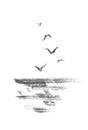 Flying sea gulls Japanese style original sumi-e ink painting. Royalty Free Stock Photo