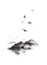 Flying sea gulls and rocks Japanese style original sumi-e ink painting. Royalty Free Stock Photo
