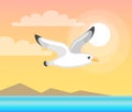 Summer Papercard with Flying Seagull, Sea Vector