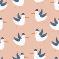 Flying seagull hand drawn vector illustration. Funny bird in flat style. Seamless pattern for kids. Royalty Free Stock Photo