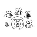 Flying simple little bees. Hand drawn doodle insects isolated on white background. Vector illustration