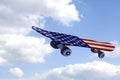 Flying Skateboard with USA flag on blue sky and clouds Royalty Free Stock Photo