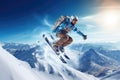 Flying skier on mountains. Extreme winter sport. 3D Rendering, Extreme skiing and jumping on the snow, rear view, no visible faces Royalty Free Stock Photo