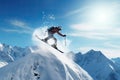 Flying skier on mountains. Extreme winter sport. 3D rendering, Extreme skiing and jumping on the snow, rear view, no visible faces Royalty Free Stock Photo