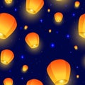 Flying Sky lanterns seamless pattern. Diwali festival, Mid Autumn Festival or Chinese festive. Luminous floating lamps Royalty Free Stock Photo