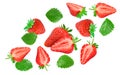 flying Sliced strawberry with green leaves isolated on white background. clipping path Royalty Free Stock Photo