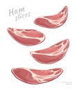 Flying slices of ham isolated on white background. Meat delicatessen product. Vector gastronomic illustration