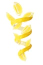 Flying slices of lemon in lemon peel in the form of a spiral