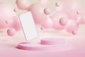 Flying smartphone with a podium on the background of pink pastel balls. Cosmetics delivery mockup 3d illustration