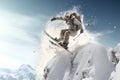 Flying snowboarder on mountains. Extreme winter sport. 3d rendering, Extreme skiing and jumping on the snow, rear view, no visible Royalty Free Stock Photo