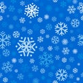 Flying snowflakes, snow seamless pattern on light blue background. Winter abstract on blue sky. Christmas and new year backdrop. Royalty Free Stock Photo