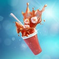 Flying Soda Plastic Cup with Splash Blue Bokeh Background EPS10