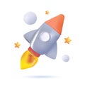 Flying space rocket in space around the planets. Spaceship launch. Rocket 3d icon. Realistic creative conceptual symbols