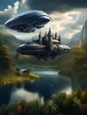 Flying spaceships over the lake, fantasy scenery, time travelers, generative ai illustration, Flying medieval castle