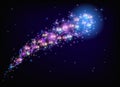 Flying sparkling comet with curved glowing dust tail  in the starry night sky. Star dust trail with shining stars. Space research Royalty Free Stock Photo