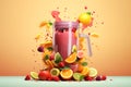 Flying splashes, drops of juice, slices of orange and strawberry