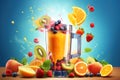 Flying splashes, drops of juice, slices of orange and strawberry