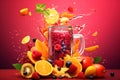 Flying splashes, drops of juice, slices of orange and strawberry