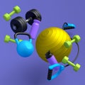 Flying sport equipment like kettlebell, fitness ball and dumbbells