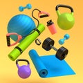 Flying sport equipment like kettlebell, fitness ball and yoga mat