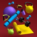Flying sport equipment like kettlebell, fitness ball and yoga mat