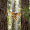 A flying squirrel is gliding between two tree trunks in a forest. Its patagium, the Royalty Free Stock Photo