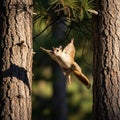 A flying squirrel (Pteromyini) glides between two tall tree trunks in a forested area. Royalty Free Stock Photo
