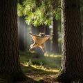 A flying squirrel (Pteromyini) is gliding between two trees in a dense forest. Sunlight Royalty Free Stock Photo