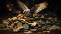 Flying stack of money. falling cash. Flying hundred dollars. generative ai