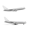 Flying and standing airplane, jet aircraft or airliner side view. Detailed passenger air plane on white background. Royalty Free Stock Photo