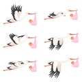 Flying stork frame animation. Bird delivery newborn baby carry vector cartoon characters isolated