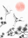 Flying Storks, Pine Branches and Sunrise Royalty Free Stock Photo