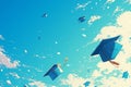 Flying students graduation hats in the blue sky.