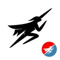 Flying superhero man logo. Human black silhouette fly up. Sport super hero in a cape and a mask Royalty Free Stock Photo