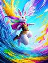 Flying superhero white Easter bunny against the background of colorful splash water. Generative AI Royalty Free Stock Photo