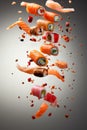 Flying sushi and fresh seafood assortment on stylish grey background for foodies Royalty Free Stock Photo