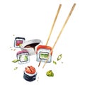 Flying sushi maki rolls with salmon, tuna, baked rolls, soy sauce, sesame, onion, chopsticks. Watercolor illustration.