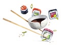 Flying sushi maki rolls with salmon, tuna, baked rolls, soy sauce, sesame, onion, chopsticks. Watercolor illustration.
